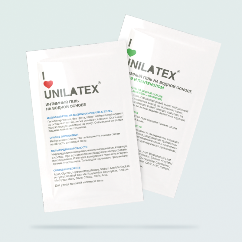 Промо-набор Unilatex из сашетов лубриканта 100 мл. (10 шт. по 5 мл. на водной основе + 10 шт. по 5 мл. на водной основе Алоэ+Пантенол)