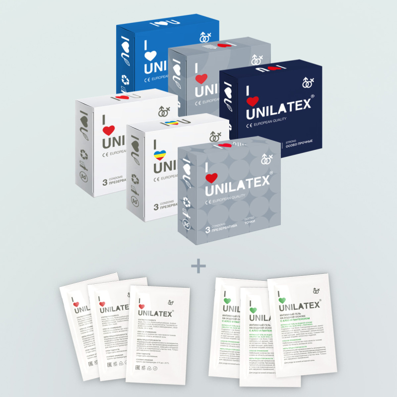 Промо-набор Unilatex ассорти 6 уп. презервативов по 3 шт. + 6 сашетов интимного геля по 5 мл.